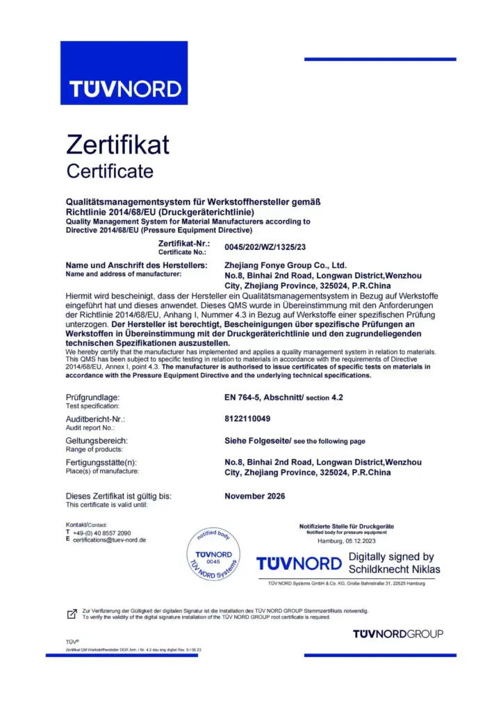 PED (Pressure Equipment Directive) Certificate in Fonye Group